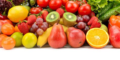 Fototapeta na wymiar Variety healthy fruits, vegetables, berries isolated on white