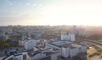 City downtown horizon in sunny morning, aerial view.