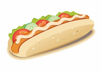 Homemade hot dog. Appetizing hotdog isolated on white background. King size hotdog. Vector illustration. 