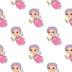 Happy fairy. Colored seamless pattern with cute cartoon character. Simple flat vector illustration isolated on white background. Design wallpaper, fabric, wrapping paper, covers, websites.