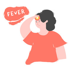 A girl with a high fever. Colds. Vector illustration in primitive style.