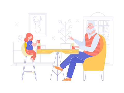 Grandfather and granddaughter play together. Educational activities, babysitting, happy family. Vector characters in the interior: sitting in chairs at the table in the room.