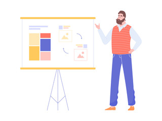 Bearded man teacher lectures, stands at the magnetic board with project's information. Online training, webinars, courses, presentation, product development. Vector illustration.