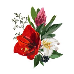 Composition with pink protea flowers branch, white red lilies and many kind of exotic plants and berries. Hand draw watercolor style illustration. 