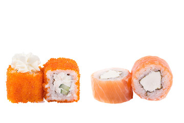 Classic sushi at white background. Japanese seafood sushi , roll a white background. Close-up.