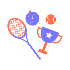 On a pattern background sports objects: tennis racket, stopwatch, ball, winner's cup. Vector illustration.