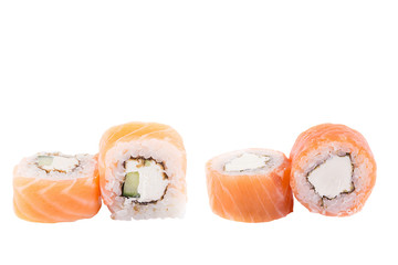 Classic sushi at white background. Japanese seafood sushi , roll a white background. Close-up.
