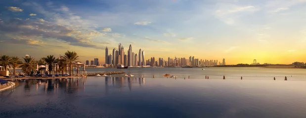 Keuken foto achterwand Dubai Panorama van Dubai Marina Skyline bij zonsondergang Verenigde Arabische Emiraten