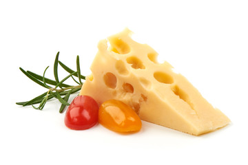 Cheddar cheese with tomatoes and rosemary, close-up, isolated on white background