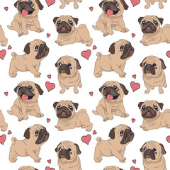 Seamless pattern with image of a Funny cartoon pugs puppies. Vector illustration.