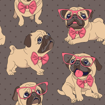 Seamless pattern with cartoon pug puppy in a glasses and in a bow-tie. Vector illustration.