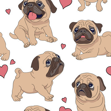 Seamless pattern with image of a Funny cartoon pugs puppies in a pink Ballerina tutu and with a bow. Vector illustration.