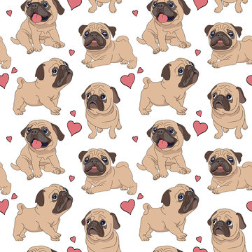Seamless pattern with image of a Funny cartoon pugs puppies. Vector illustration.