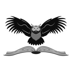 Obraz premium Vector illustration of a flying owl over an open book. The image symbolizes knowledge, wisdom, education. Made in black and white. Can be used as a logo.