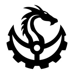 Vector image of a mechanical dragon head crossed with a gear in a steampunk style in a single color, can be used for a logo.