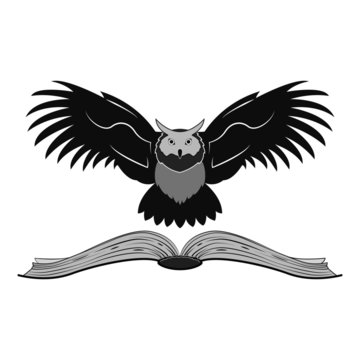 Vector illustration of a flying owl over an open book. The image symbolizes knowledge, wisdom, education. Made in black and white. Can be used as a logo.