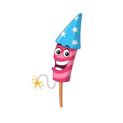 Funny fire cracker mascot colored as United States of America flag. 4th of July, Independence day concept. Vector cartoon illustration