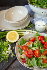 Vegetarianism and healthy food ,raw food. Cooking salad with vegetables, Kitchen table with dishes,plates and vegetables and herbs	