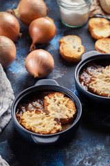 Delicious onion soup with croutons and cheese