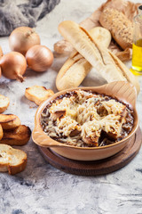 Delicious onion soup with croutons and cheese