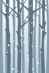 A quiet thicket of forest with snowflakes among the trunks. Vector background