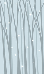 A quiet thicket of forest with snowflakes among the trunks.