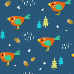 Fototapeta na wymiar Funny birds among the forest thicket. Cute children's seamless pattern. Bright ornament is great for prints, textiles, covers, gift wrappers, backdrops.