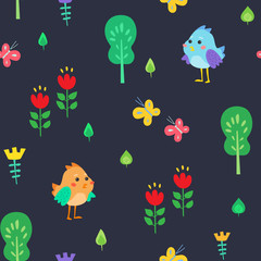 Cute children's seamless pattern. Funny birds among nature - trees, leaves, flowers and butterflies. Ornament is great for prints, textiles, covers, gift wrappers, backdrops.