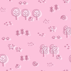 Fototapeta premium Seamless pattern with forest motifs - trees, bushes, flowers, branches, animals. Monochrome linear ornament. Great for prints, textiles, covers, gift wrappers, backdrops.