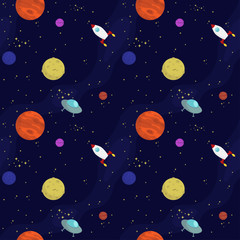 seamless flat vector space pattern with planets, spaceships, stars in universe