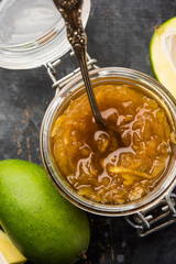 Mango Chunda or Sakhar Amba is a traditional indian summer recipe made using accha aam preserved in sugar syrup for days. selective focus