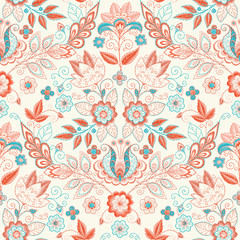 Embroidery seamless pattern with beautiful flowers. Vector handmade floral ornament on dark background. Embroidery for fashion products. Elegant tiled design, best for print fabric or papper and more. - 266380393
