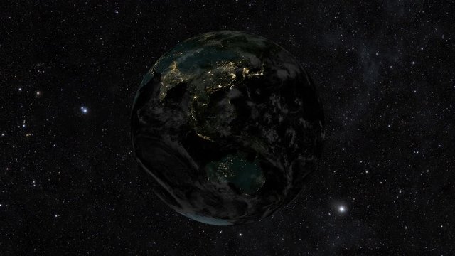 Planet earth from space. Night world globe spinning slowly animation. Loopable 30 Seconds 3D animation - full revolution of the planet around its axis.