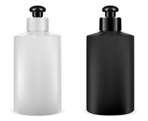 Shampoo Cosmetic Package. Plastic Container Blank. Black and White Bottle Packaging isolated on Background. Realistic Template Mockup Set. Clear Bath Foam or Soap Pack. Gel Container.