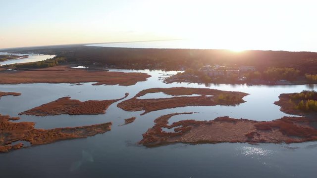 Aerial swamp on the river Lielupe in Varnukrogs - Golden Hour sunset top view from above - Drone shot with evergreen pine seaside forest visible in the background - Balta Kapa in European Latvia