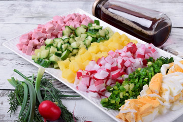 Set of chopped ingredients for Okroshka soup and a bottle of kvass. Russian cuisine