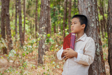 Asian boy is sitting reading a book on a timber in the forest.