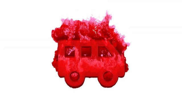 Symbol shuttle van inflames with dark fire, then burns. In - Out loop. Alpha channel Premultiplied - Matted with color white