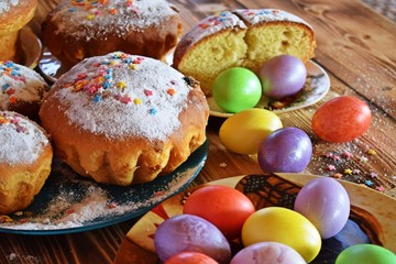 Feast of Easter!Cakes and colorful eggs on a wooden table.