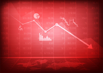 Vector : Decreasing business graph with world map on red stock board