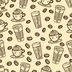 Seamless pattern of coffee.Latte, cappuccino, frappe, americano in cup for take away and coffee beans in the engraving vintage style.