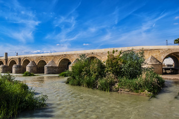 Fototapeta premium View of Roman bridge of Cordoba (1st century BC) across Guadalquivir River. Present structure of bridge dates from Moorish reconstruction in VIII century. Historic centre of Cordoba, Andalusia, Spain