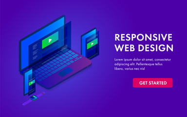 Responsive website isometric 3D lending template page in electronic devices - laptop, tablet, smartphone, smart watch. Web design flat modern design element.