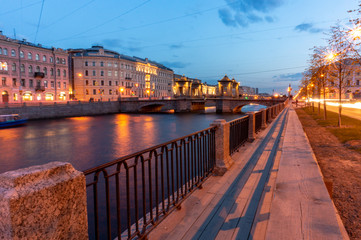 Lomonosov Bridge across the Fontanka River in Saint Petersburg, Russia. Historical towered movable bridge, build in 18th century