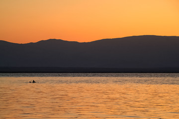 Person floating on surface of Dead Sea, Israel