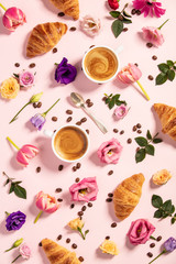 Morning coffee, croissants and a beautiful flowers . Flat lay st