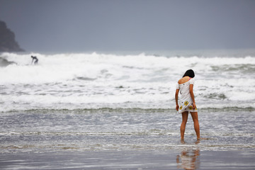 São Sebastiao, São Paulo, Brazil - October 14, 2018: Tourists in Whale Beach, located in the city of São Sebastião, on the coast of São Paulo State, in Brazil