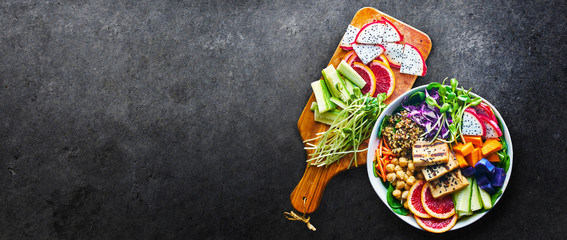 colorful buddha bowl with panoramic copy space composition