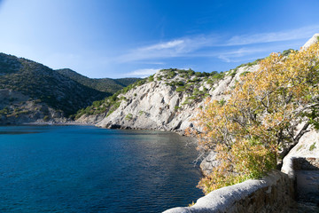 Scenic view of the sea beach, landmark of Crimea. Amazing tropical nature with coast.