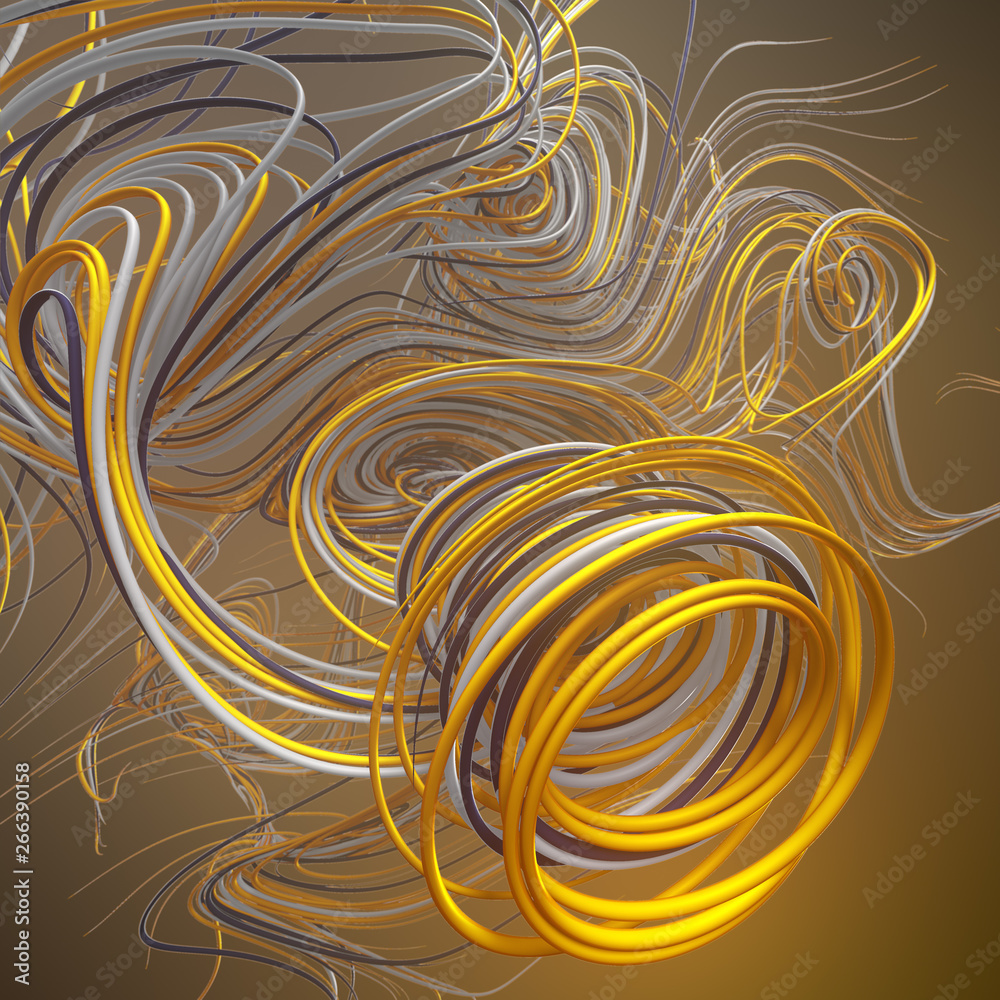 Poster Interlacing abstract yellow colored curves. Computer generated geometric pattern. 3D rendering